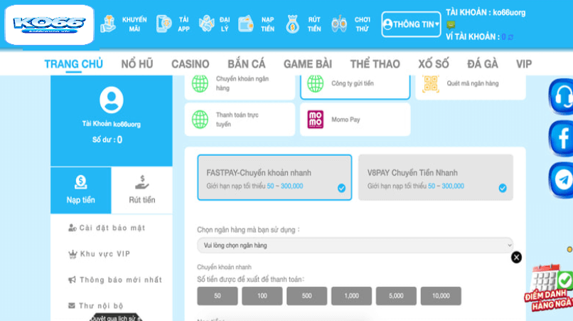 Cách thực hiện nạp tiền ko66